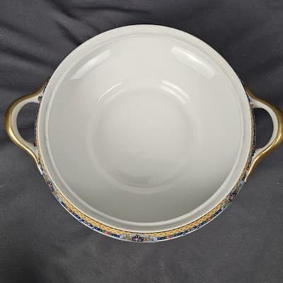 T&V Limoges Covered Veg. Bowl With Lid Blue & Gold Garland with Pink Roses - Thumbnail 6