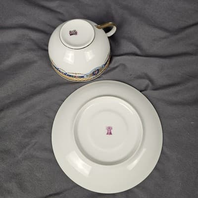 R&G Limoges Cup & Saucer Blue & Gold Garland with Pink Roses Tea Coffee - Thumbnail 5
