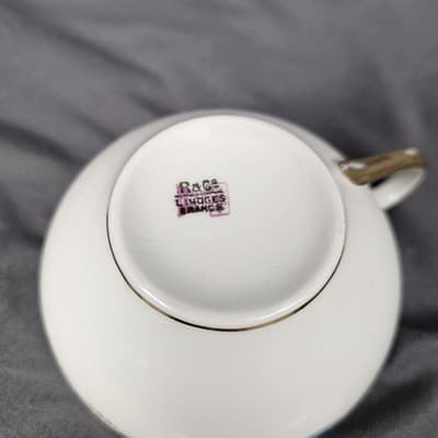 R&G Limoges Cup & Saucer Blue & Gold Garland with Pink Roses Tea Coffee - Thumbnail 7