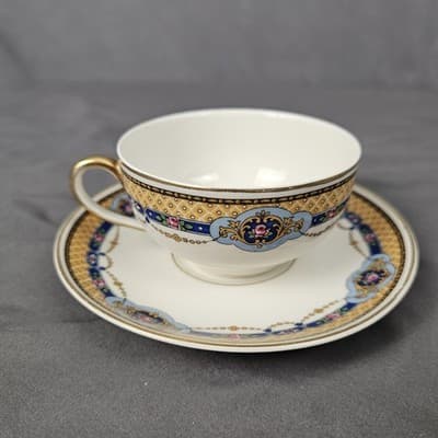 R&G Limoges Cup & Saucer Blue & Gold Garland with Pink Roses Tea Coffee - Thumbnail 9
