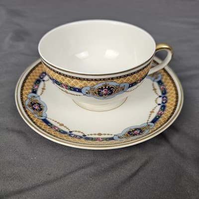 R&G Limoges Cup & Saucer Blue & Gold Garland with Pink Roses Tea Coffee - Thumbnail 2