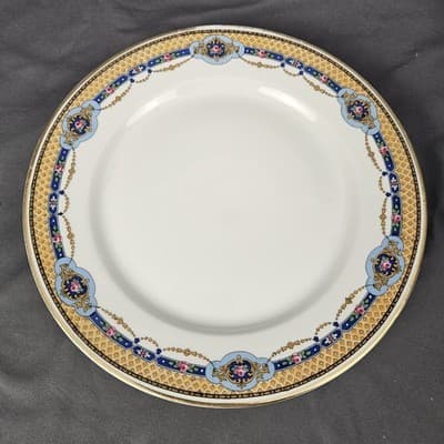 T&V Limoges Lunch Plates 8.75" Blue & Gold Garland with Pink Roses Set of 2