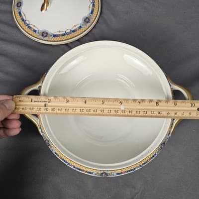 T&V Limoges Covered Veg. Bowl With Lid Blue & Gold Garland with Pink Roses - Thumbnail 8