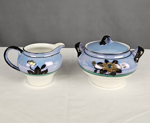 Antique Nippon Porcelain Sugar Bowl & Creamer Blue Floral with Opal Bottom