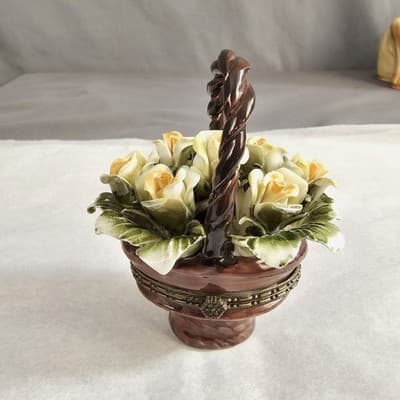 Porcelain Floral Basket Trinket Box with Hinged Lid 3.5" Tall