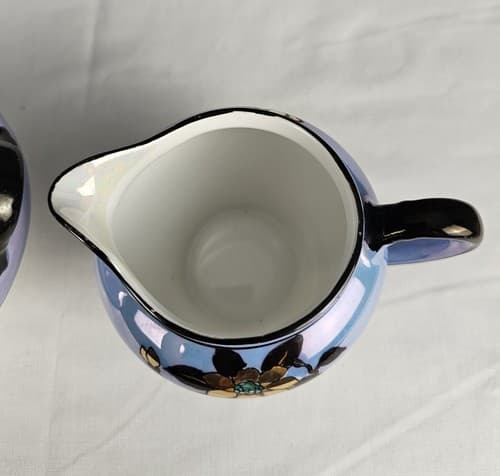 Antique Nippon Porcelain Sugar Bowl & Creamer Blue Floral with Opal Bottom - Thumbnail 4