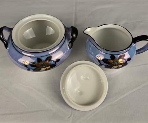 Antique Nippon Porcelain Sugar Bowl & Creamer Blue Floral with Opal Bottom - Thumbnail 5