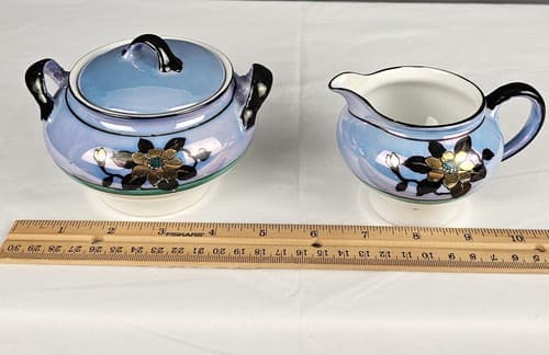 Antique Nippon Porcelain Sugar Bowl & Creamer Blue Floral with Opal Bottom - Thumbnail 10