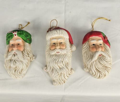 Rare Antique Porcelain Santa Christmas Ornaments Sculpted Set of 3