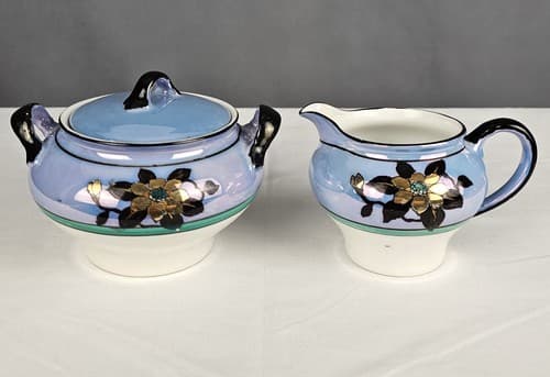 Antique Nippon Porcelain Sugar Bowl & Creamer Blue Floral with Opal Bottom - Thumbnail 2