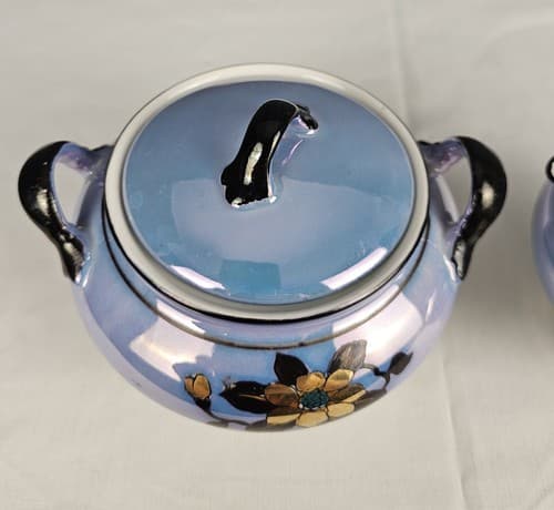 Antique Nippon Porcelain Sugar Bowl & Creamer Blue Floral with Opal Bottom - Thumbnail 3
