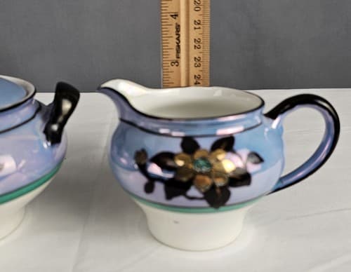 Antique Nippon Porcelain Sugar Bowl & Creamer Blue Floral with Opal Bottom - Thumbnail 12