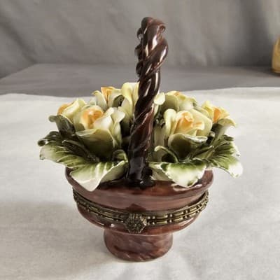 Porcelain Floral Basket Trinket Box with Hinged Lid 3.5" Tall - Thumbnail 8