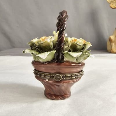 Porcelain Floral Basket Trinket Box with Hinged Lid 3.5" Tall - Thumbnail 3