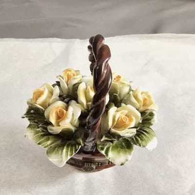 Porcelain Floral Basket Trinket Box with Hinged Lid 3.5" Tall - Thumbnail 2
