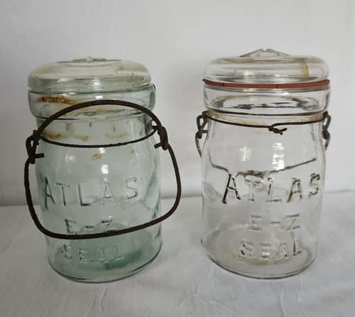 ATLAS E - Z SEAL CLEAR and Green PINT FRUIT JAR WITH GLASS LID & WIRE BAIL set 2