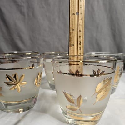Vintage MCM Libbey Frosted Low Ball Rocks Glasses Gold Leaf Leaves Set of 5, 8oz - Thumbnail 7