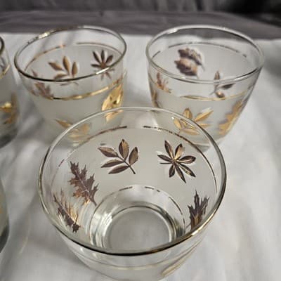 Vintage MCM Libbey Frosted Low Ball Rocks Glasses Gold Leaf Leaves Set of 5, 8oz - Thumbnail 4