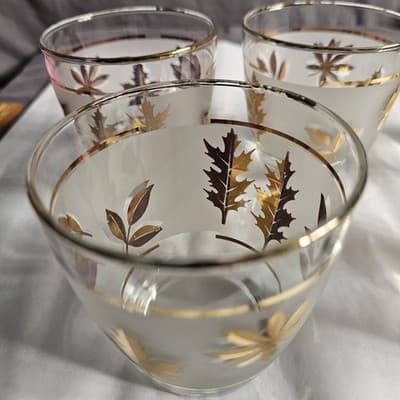 Vintage MCM Libbey Frosted Low Ball Rocks Glasses Gold Leaf Leaves Set of 5, 8oz - Thumbnail 3
