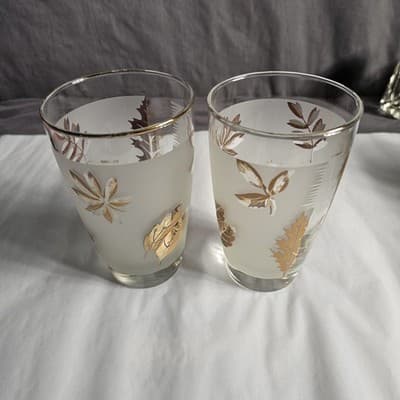 2 Vintage Libby Glass Company Tumblers Golden Foliage Pattern 12-14 oz - Thumbnail 3