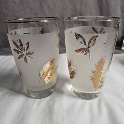 2 Vintage Libby Glass Company Tumblers Golden Foliage Pattern 12-14 oz - Thumbnail 2