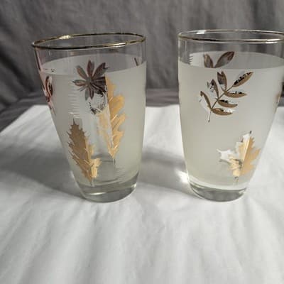 2 Vintage Libby Glass Company Tumblers Golden Foliage Pattern 12-14 oz - Thumbnail 5