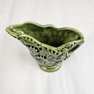 Vintage Green Majolica Style Leaf Pottery Creamer Pitcher Embossed Glaze - Thumbnail 3