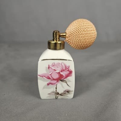 Vintage Perfume Atomizer Bottle Pink Rose Design Gold Trim Bulb Spray 3.5"