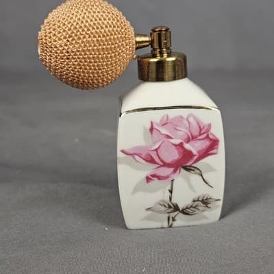 Vintage Perfume Atomizer Bottle Pink Rose Design Gold Trim Bulb Spray 3.5" - Thumbnail 5