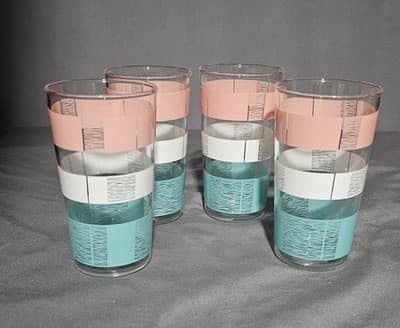 4 Vintage MCM Anchor Hocking Pastel Ribbon 8 oz Glasses Pink & Turquoise - Thumbnail 2