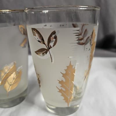 2 Vintage Libby Glass Company Tumblers Golden Foliage Pattern 12-14 oz - Thumbnail 4