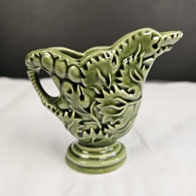 Vintage Green Majolica Style Leaf Pottery Creamer Pitcher Embossed Glaze