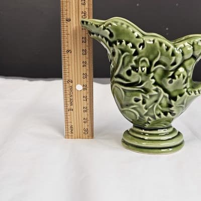Vintage Green Majolica Style Leaf Pottery Creamer Pitcher Embossed Glaze - Thumbnail 8