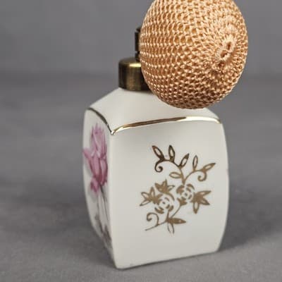 Vintage Perfume Atomizer Bottle Pink Rose Design Gold Trim Bulb Spray 3.5" - Thumbnail 4
