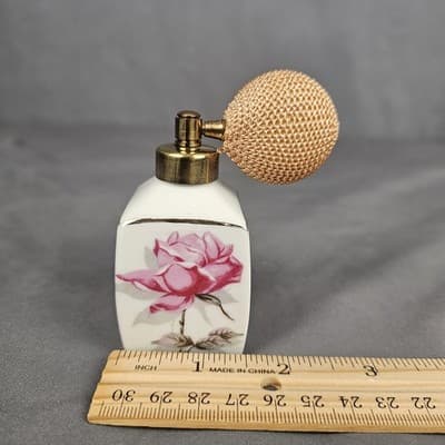 Vintage Perfume Atomizer Bottle Pink Rose Design Gold Trim Bulb Spray 3.5" - Thumbnail 2