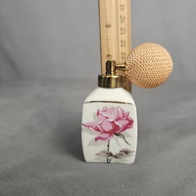 Vintage Perfume Atomizer Bottle Pink Rose Design Gold Trim Bulb Spray 3.5" - Thumbnail 3