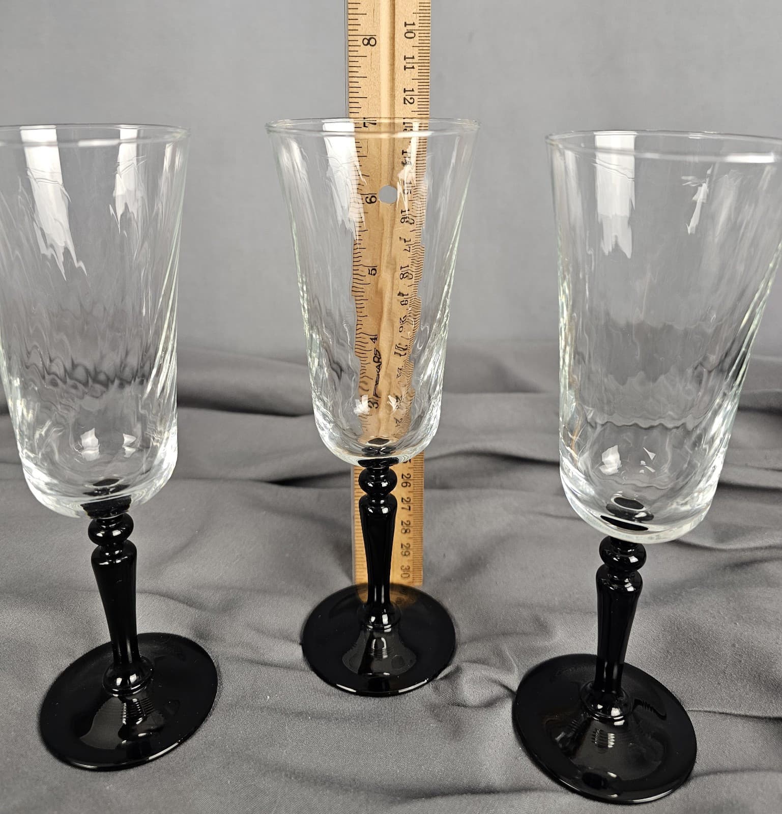 Set 3 Luminarc Black Stem Optic Swirl Champagne Flutes Glasses Vintage France 7” - Thumbnail 7