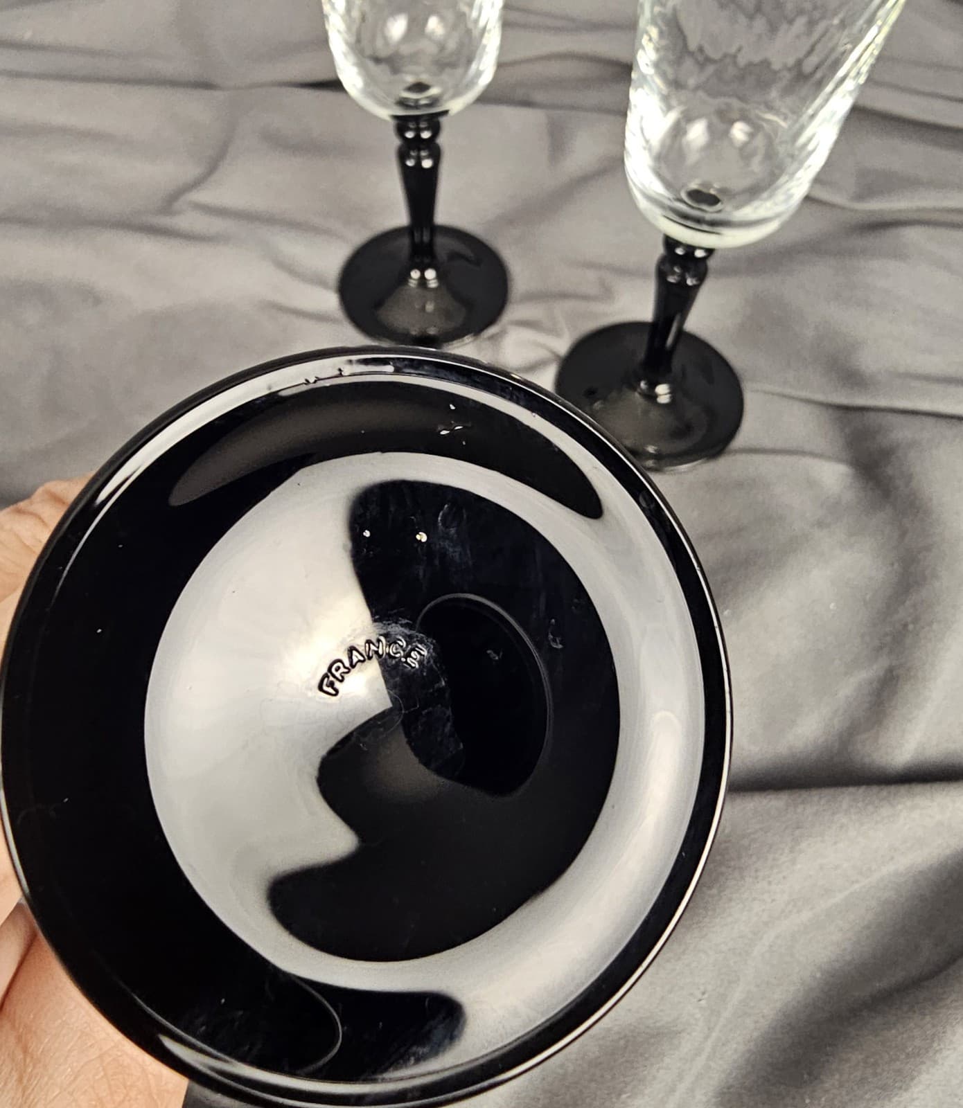 Set 3 Luminarc Black Stem Optic Swirl Champagne Flutes Glasses Vintage France 7” - Thumbnail 6