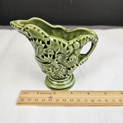 Vintage Green Majolica Style Leaf Pottery Creamer Pitcher Embossed Glaze - Thumbnail 7