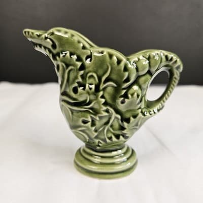Vintage Green Majolica Style Leaf Pottery Creamer Pitcher Embossed Glaze - Thumbnail 2
