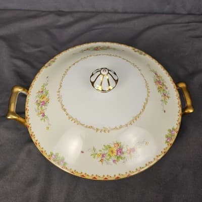 Nortake Covered Serving Bowl & Lid Veg Soup Japan M-Mark Floral Spray Red & Gold - Thumbnail 3
