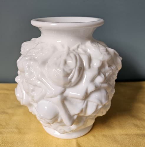 Embossed Rose Milk Glass 5.5" Vase Bulbous Goofus Glass
