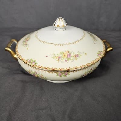 Nortake Covered Serving Bowl & Lid Veg Soup Japan M-Mark Floral Spray Red & Gold - Thumbnail 2