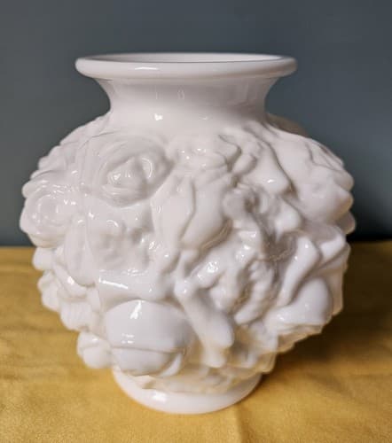 Embossed Rose Milk Glass 5.5" Vase Bulbous Goofus Glass - Thumbnail 4