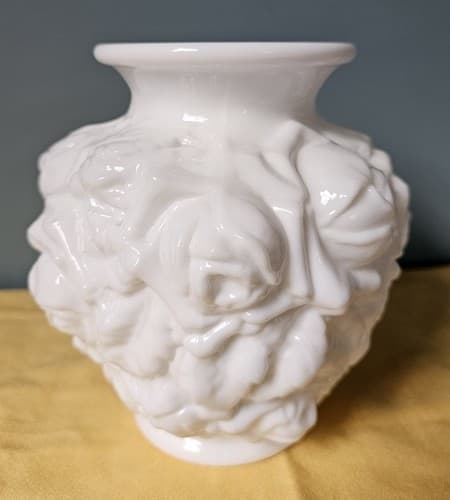 Embossed Rose Milk Glass 5.5" Vase Bulbous Goofus Glass - Thumbnail 2