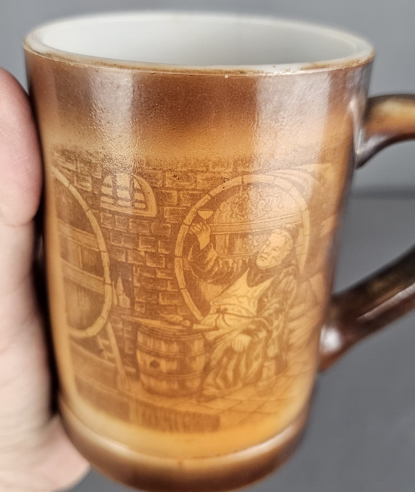 1910's Westmoreland Milk Glass Monk With Wine Transfer 4.5" Beer Stein Mug - Thumbnail 5