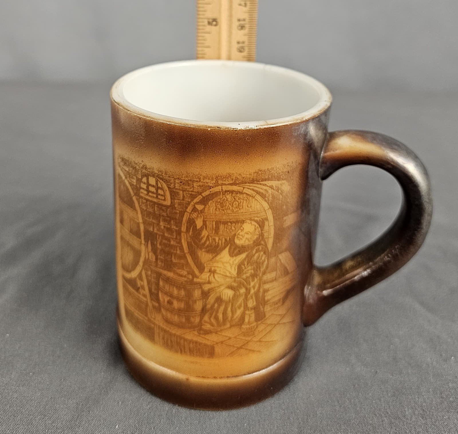 1910's Westmoreland Milk Glass Monk With Wine Transfer 4.5" Beer Stein Mug - Thumbnail 6