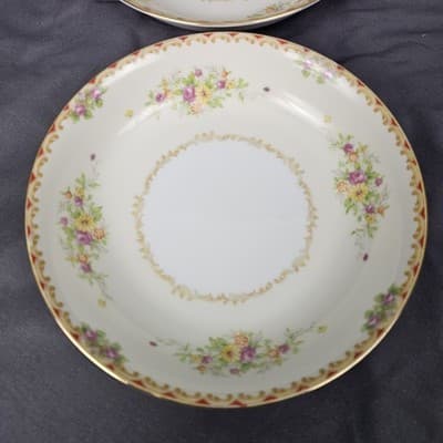Nortake 7.25" Salad Soup Bowl Japan M-Mark Floral Spray Red & Gold Scroll Set/2