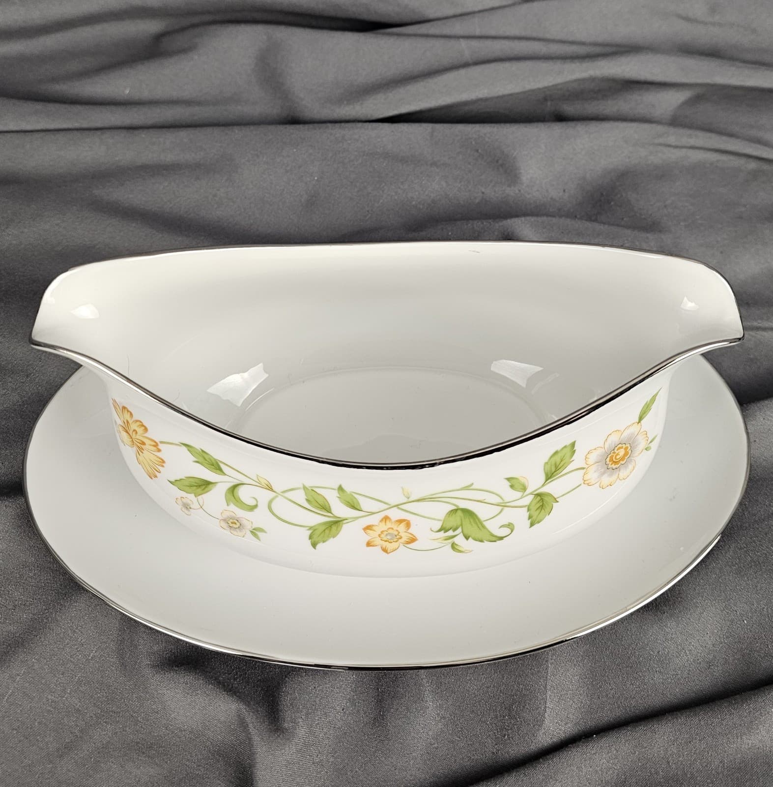 Gravy Boat by Ekco International Floral Generation Japan Fine China Silver Trim - Thumbnail 2