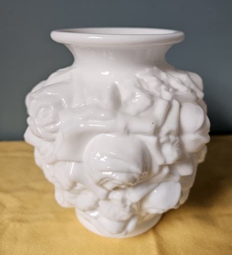 Embossed Rose Milk Glass 5.5" Vase Bulbous Goofus Glass - Thumbnail 3